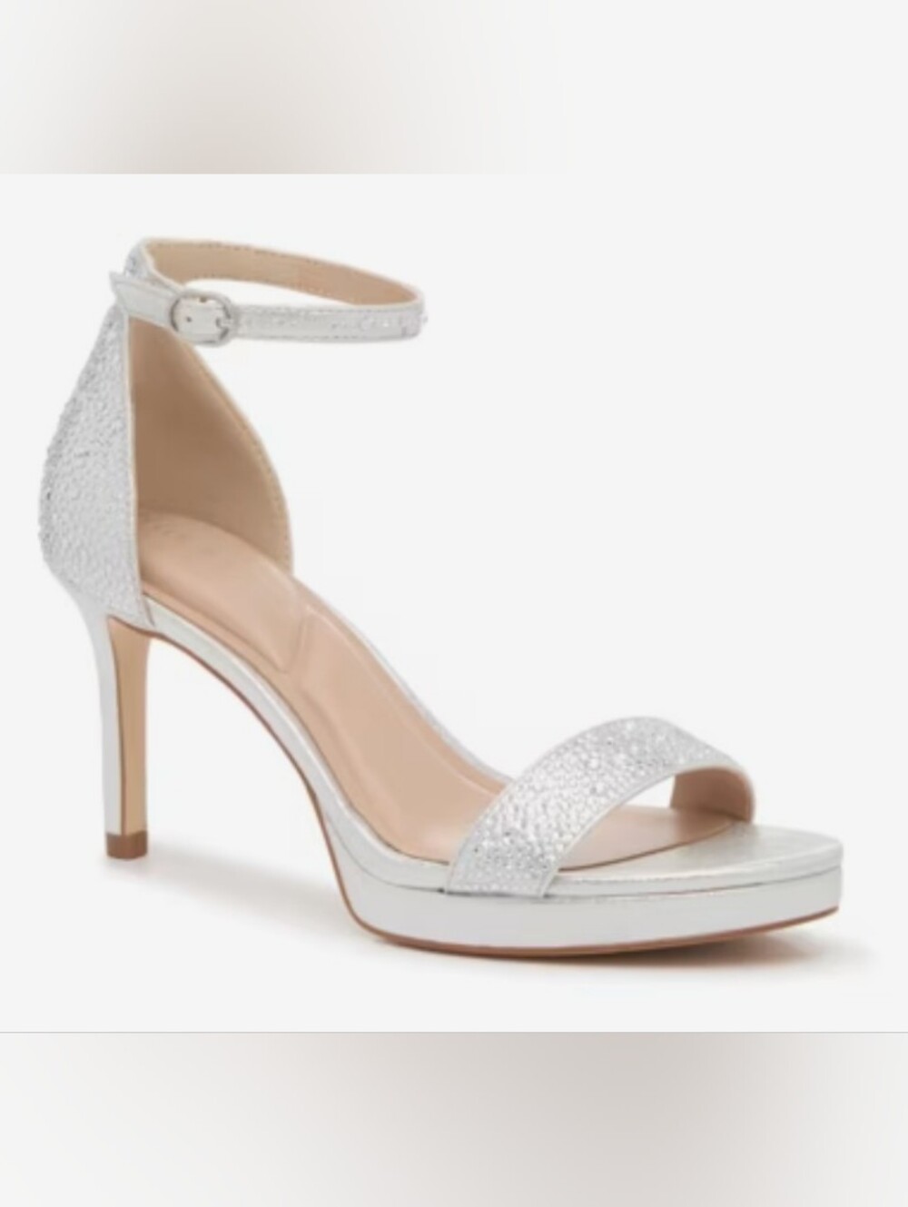Kelly & Katie Lixie Silver Metallic Ankle-Strap Heels with Rhinestones